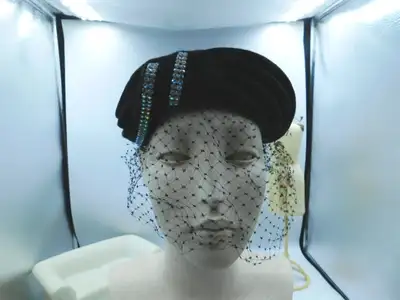 G. HOWARD HODGE BLACK FUR FELT CLIPPER HAT, 2 ROWS RHINESTONES,, View more