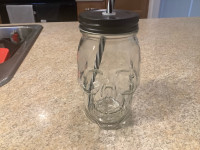 Glass Skull Jar/Drinking Glass with lid and straw