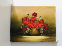 Still life vintage Oil painting, red bright flowers in vase