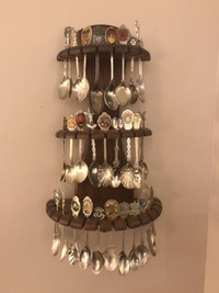 Antique/Vintage silver plated decorative spoons & wooden holder.
