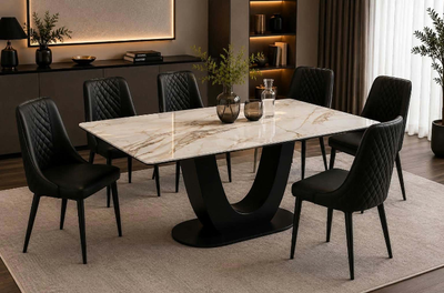 Luxury White & Gold Marble-Look Dining Table + 6 Quilted Chairs, View more