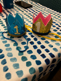 2 Felt and Sparkles 1 year old Birthday Hats with support rope