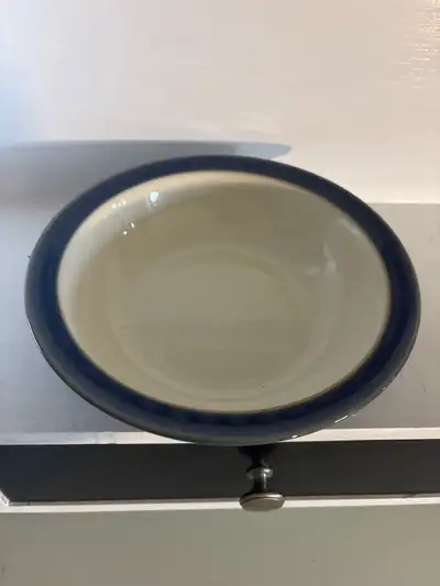 Classic Denby Imperial Blue rimmed bowl. Nice dark blue speckled rim with a light interior. Great fo...