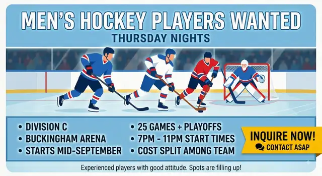 Hockey Players Needed for Men’s League Team