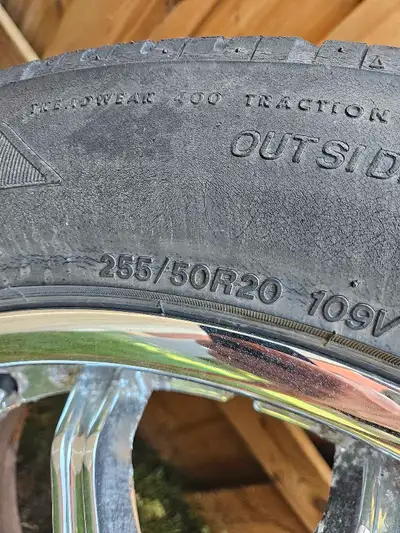 For sale are a set of used wheels and tires, size 255/50R20. The rims are chrome and show signs of w...