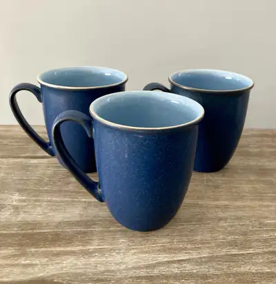 Three Denby Blue Jetty Mugs Dark blue on outside, light cornflower blue on inside. In very good cond...