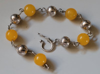 Yellow Natural Jade & Sterling Silver Beads 7.75" Long Bracelet