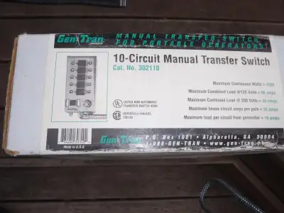 Gen/Tran 10 circuit manual residential transfer switch. Cat number 302110 For portable generators up...