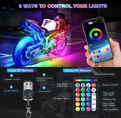 16 PCS Motorcycle RGB LED Light Kits with APP/IR/RF Control, Dual Zone Motorcycle Strip Lights with...