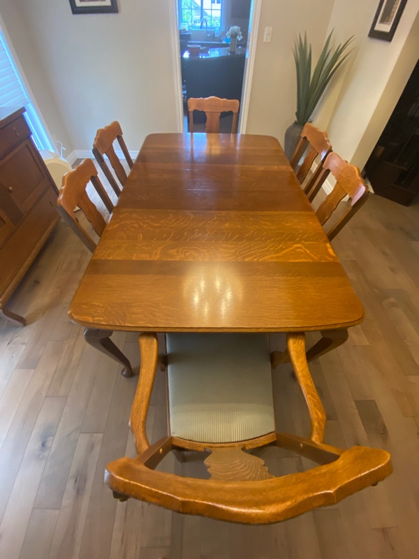 1920's Antique Tiger Maple Dining Set 6 Chairs, Table, Dining Tables & Sets