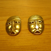 Gold Toned Pair Of Tribal Face Mask Buttons