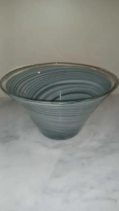 5"Tx9"Across Artistic Accent Hand-blown Clear, Grey, Black Swirl, View more