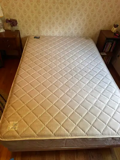 Double mattress, box spring, and metal frame on wheels, View more