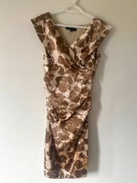 Tailored Waist Midi Floral Beige/Brown Satin Dress, Size 8