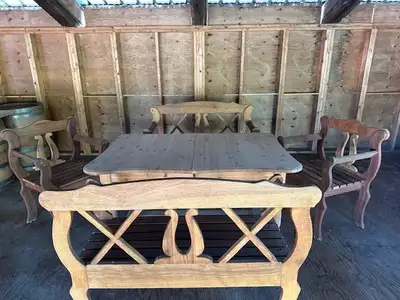 A stunning, hand crafted dining table, 2 chairs and 2 benches finished in a rustic farmhouse style....