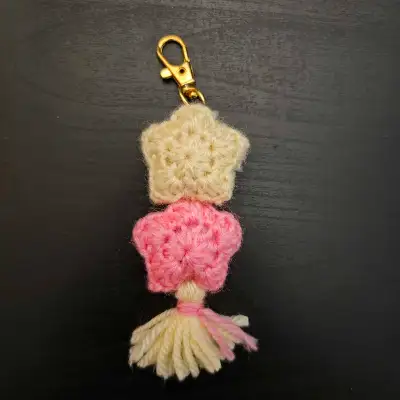Crocheted Stars Keychain #7 (light yellow & dark pink), View more