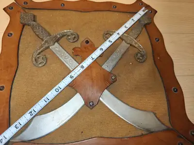 Vintage Italy made Cross sword on velvet leather and wooden base, View more