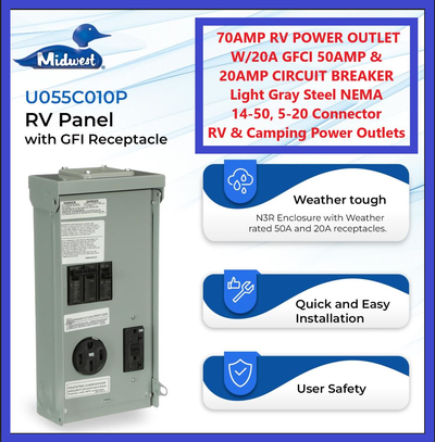 (NEW) MIDWEST 70A RV Power Outlet 20A GFCI 50A & 20A (U055C010P), View more