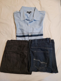 $25  - Men's Denim shorts: 1xblack, 1xblue; sky blue dress shirt