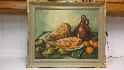 Antique still life oil painting., View more