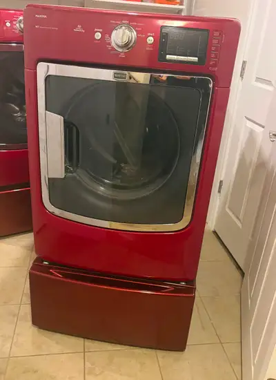 Maytag Maxima Front-Load Dryer with Pedestal – Red/Burgundy, View more