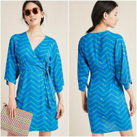 Anthropologie Blue Printed Geometric Wrap Dress size 2. Retail $