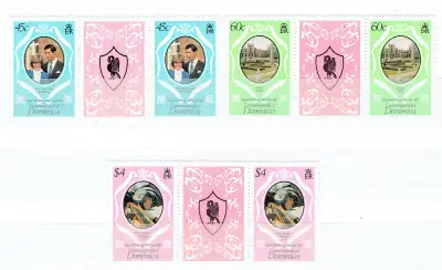 Une série de 6 timbres neufs dont 1 timbre entre 2 avec coupon chaque un de DOMINICA (BRITISH COLONY...