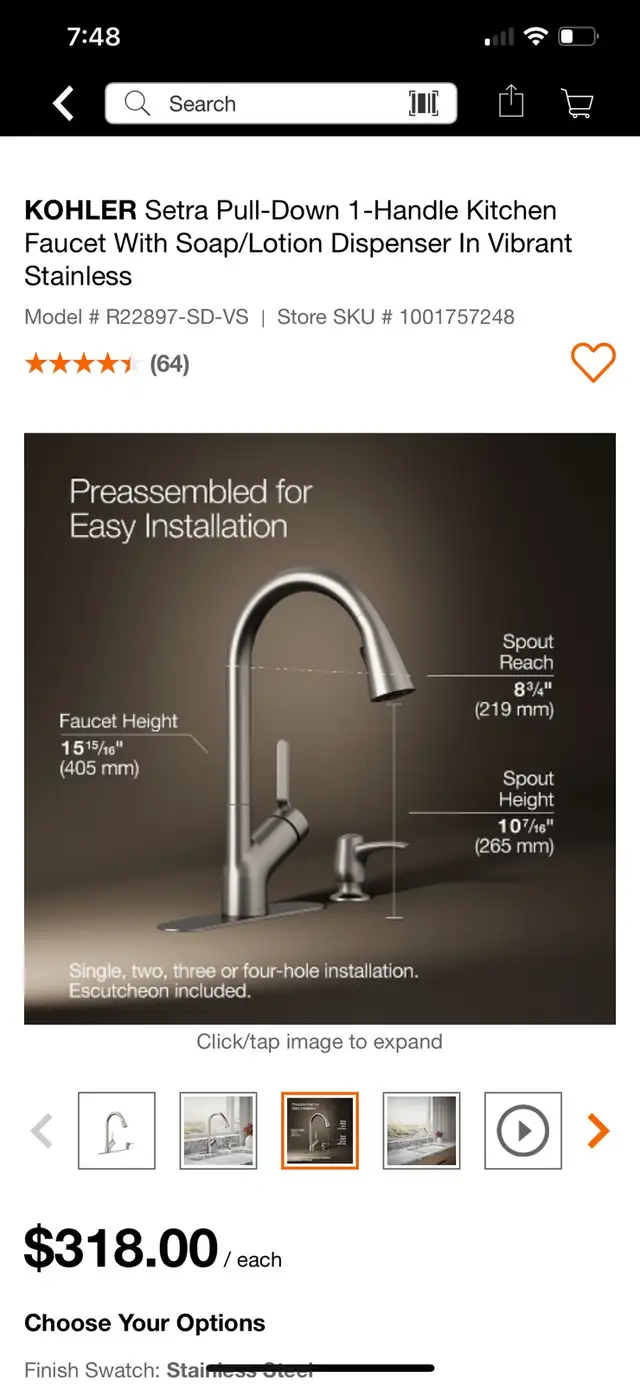 KOHLER Setra Pull-Down 1-Handle Kitchen Faucet With Soap/Lotion597784694485176322