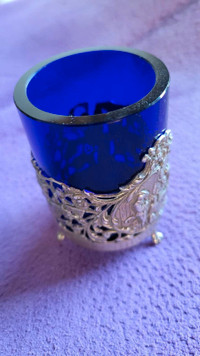 Tea light or pick holder, cobalt glass and metal