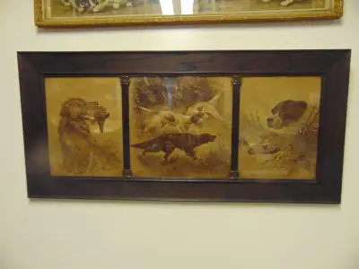 1920's Antique Hunting Dogs in a 3 paneled wood frame. Frame 40 in x 18 in , in three panels it is a...