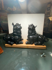 Antique Black Stone  Composition Pair  Fengshui Foo Dog Lion Fig
