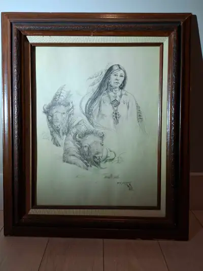 Artist Mary Sefridge "Native American Eagle Pipe " and "Indian Women With Two Buffalos " Framed 15"@...