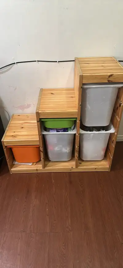 Good condition ikea trofast can include different size storage boxes