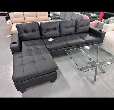 4-Seater Black Leather Sectional New Sofa + Delivery , View more