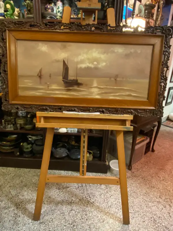 ANTIQUE WOOD OPENWORK FRAME DANISH OIL ON CANVAS PAINTING SEA. in Arts & Collectibles in Vancouver - Image 2