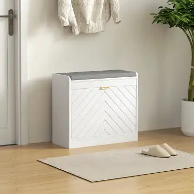 Shoe Storage with Seat, Upholstered Hallway Bench, Shoe Bench with Flip Drawer and Vent for 5 Pairs...