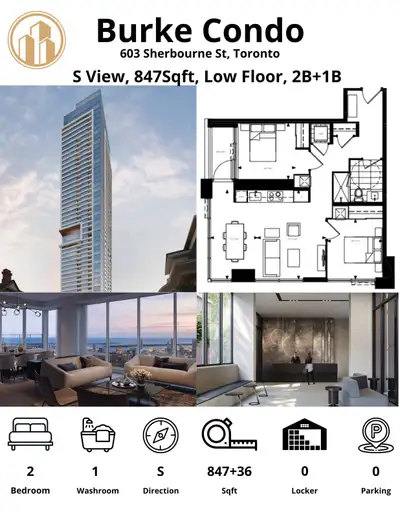 Location: 611 Sherbourne St, Toronto Unit Size: 847 sqft + 36 sqft balcony Layout: 2 Bedrooms | 1 Ba...