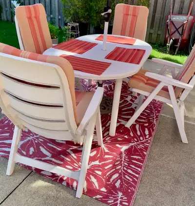 Beautiful white resin patio set with 6 reclining chairs cushions, View more
