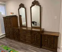 Antique 1974 Double Mirror Dresser, Armoire and Night Stand.  