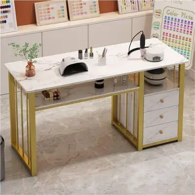 Marble Wood Manicure Table with Storage, Gold Metal Frame Nail D, View more