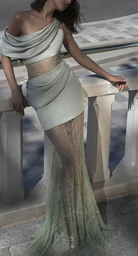 Lace Satin Buckled Off The Shoulder Asymmetric Maxi Dress Size-M