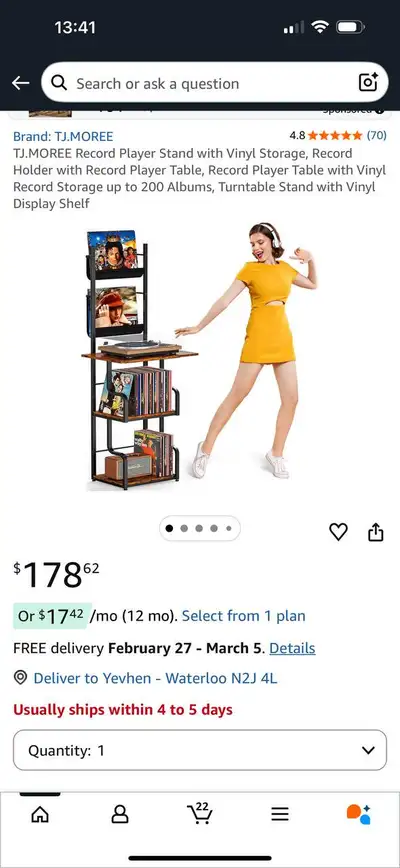 TJ.MOREE Record Player Stand with Vinyl Storage – Assembled , View more