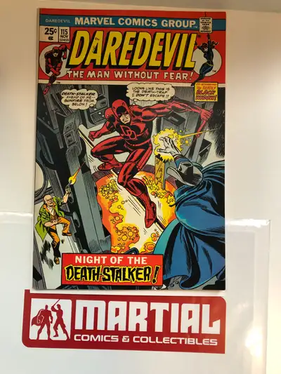 Daredevil comic book issue 115 featuring the ‘death’ of The Death Stalker, and an ad for Hulk 181 th...