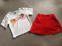 2 pc, Girl's DORA white top and Roots red skirt, size 2-3 T