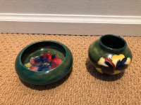 Moorcroft shallow bowl and small green vase.