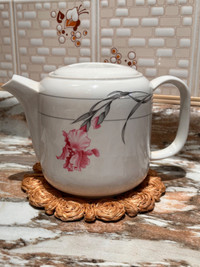Vintage Japanese White Teapot w/Pink Orchids Flowers & Gray Leav
