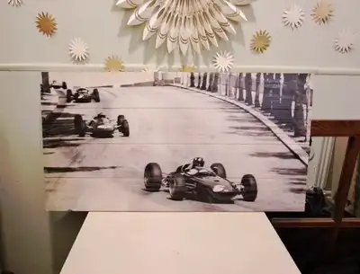 Pair of retro 1960s open-wheel Formula 1 Grand Prix racing prints transferred onto solid wood panels...