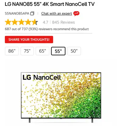 Sellinf a TV- LG NANO85 55" 4K Smart NanoCell TV, View more