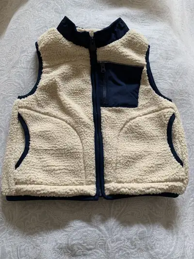 Baby Gap Sherpa fleece vest 2T cream with navy trim zip-up, View more
