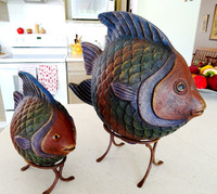 ceramic PUFFER FISH SET on STANDS gorgeous colors 1970s vintage